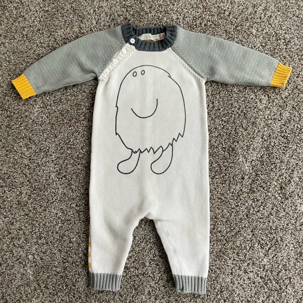 Stella McCartney Kids Sketch Gray White Knit Snap Footie Yellow 6M Cotton